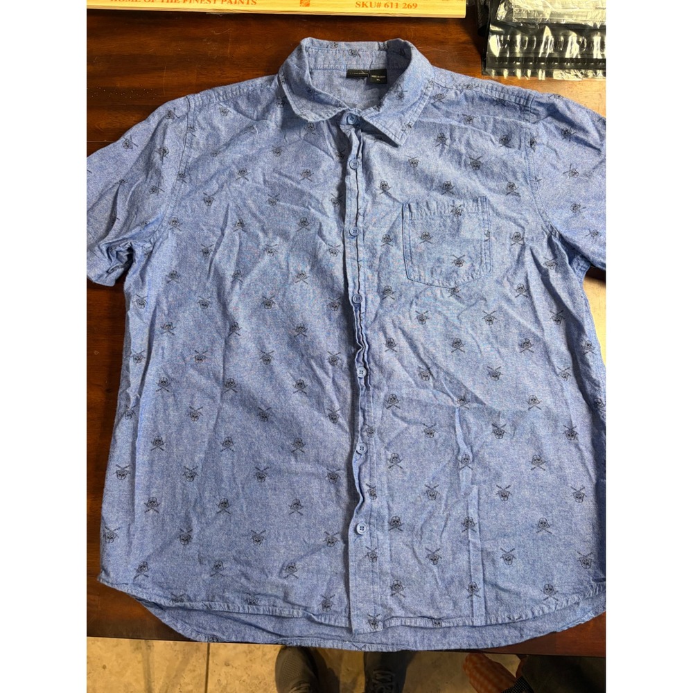 Star Wars Mens XL Blue Darth Vader Skull Crossbones Button Down Short Sleeve